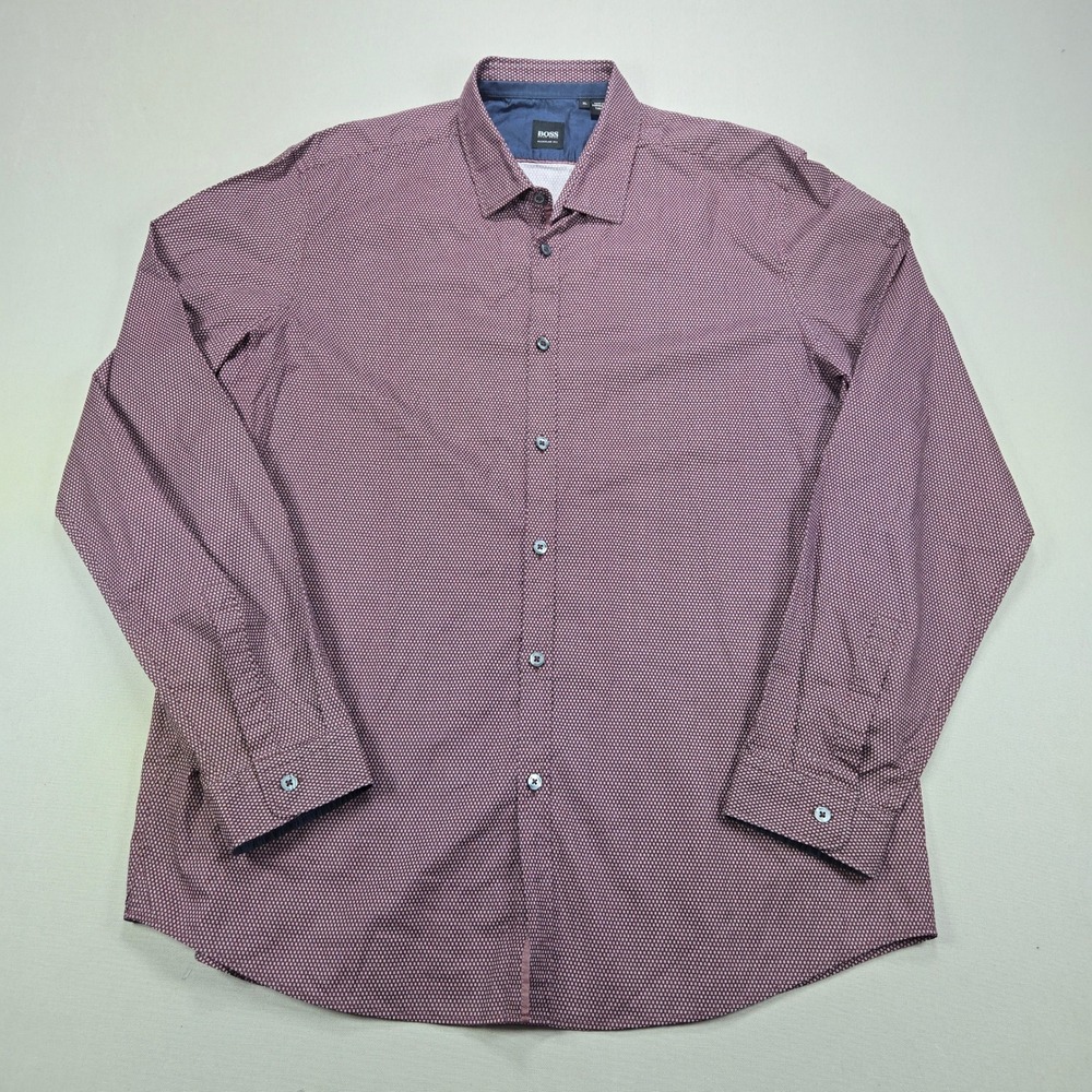 Hugo Boss Button Down Lorenzo Regular Fit Micro Geometric Burgundy Mens XL